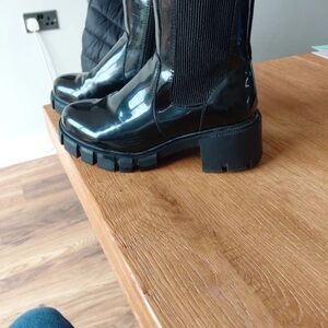 Boots Black Patent Lace-Up Chunky Lug Ankle Boots